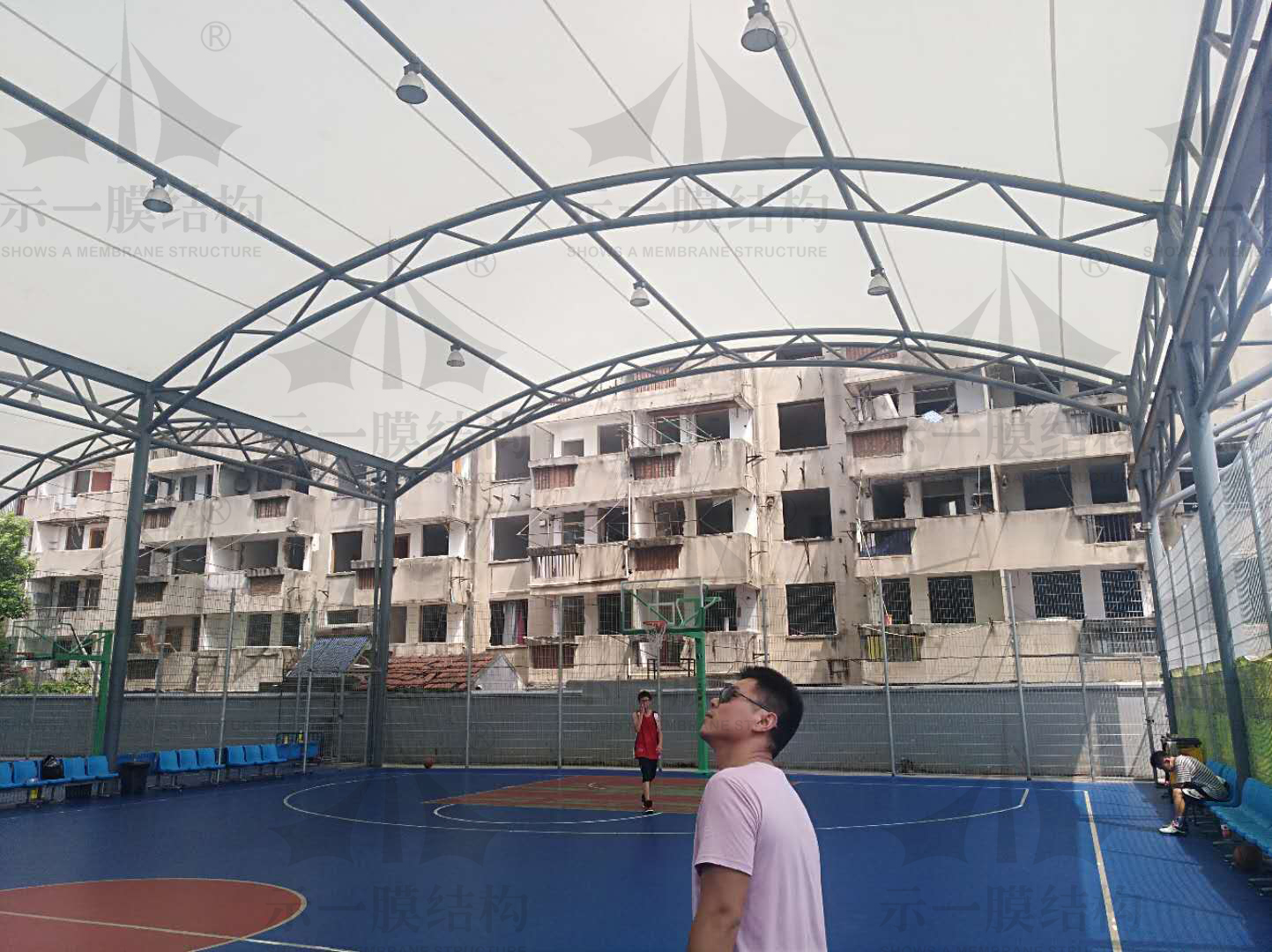 Kunshan basketball court membrane structure sunshade ceiling display